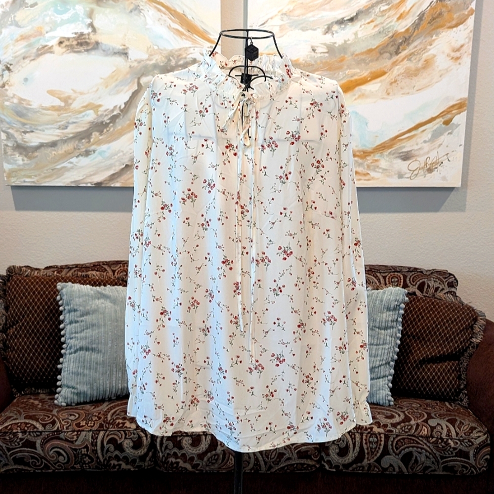 Floral Blouse with Tie Neck